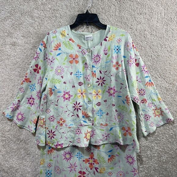 Habitat 3 Piece Skirt Set Women's Small 100% Linen Mint Green Floral Maxi Blazer - Picture 2 of 12